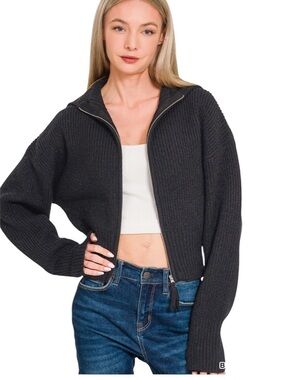 Zenana Black Collared Two-way Zip up Long Sleeve Sweater